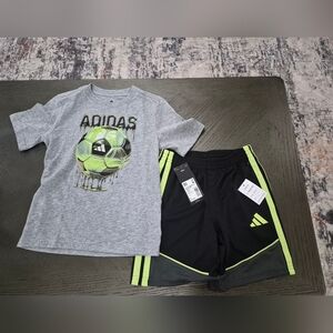 Adidas Kids Gray Tee with Neon Soccer Ball Graphic